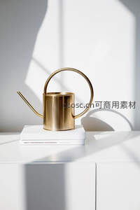 金色洒水壶静置于书本之上，光影交错