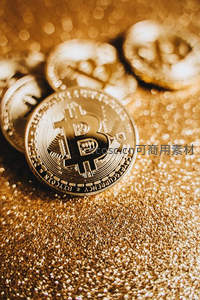 多枚比特币散落于金色闪光背景