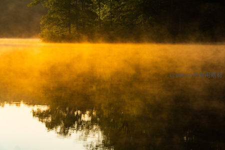 晨雾笼罩的金色湖面，倒影如画