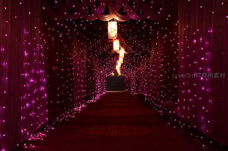 紫色灯串装饰的浪漫婚礼通道