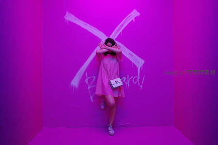 粉裙少女紫墙涂鸦前