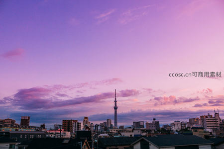 东京晴空塔黄昏，粉紫天空映城市