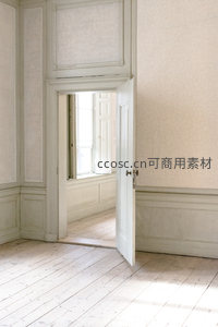空旷房间门廊透视，阳光洒满木地板