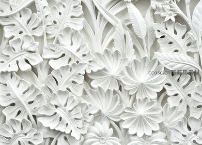 白色浮雕植物花卉艺术墙饰特写