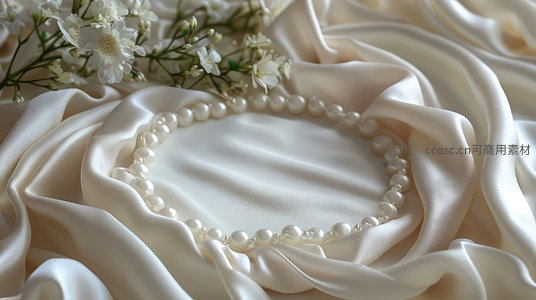 珍珠项链优雅环于丝缎花丛间