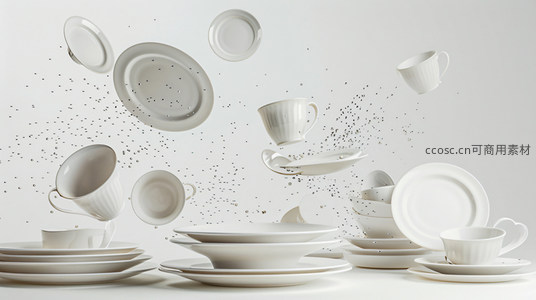 悬浮的白色餐具与飞溅水珠的静谧瞬间