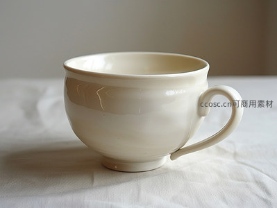 简约米白陶瓷杯置于纯白布面光影柔和