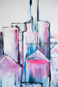 粉蓝城市剪影的抽象建筑画