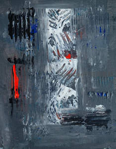 灰调抽象画中一抹亮红与白色纹理的碰撞