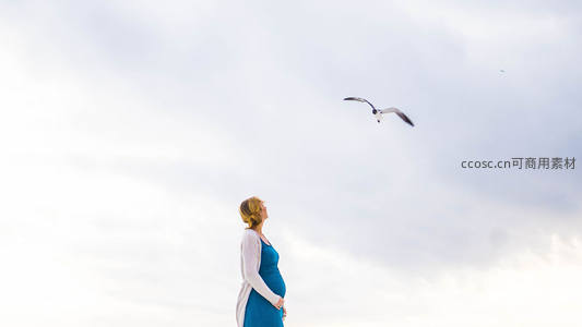 孕妈仰望天空，海鸥飞过云层