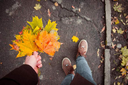 手捧秋叶俯拍街景