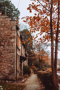 石砌老屋旁的秋日小径