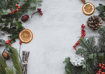 冬日静物：松枝浆果与干橙片的自然边框