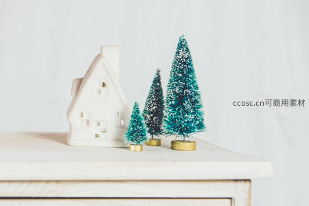 白色陶瓷小屋与青松圣诞装饰