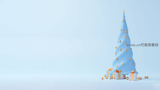 蓝色3D圣诞树配金色装饰与礼盒，极简风格