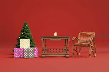 红色背景下的圣诞树与藤椅静物组合