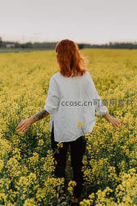 红发女子漫步金黄油菜花海