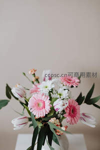 粉色非洲菊与白色郁金香的柔美花束，温馨雅致