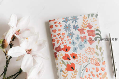 手绘花卉封面笔记本特写，搭配玉兰花枝点缀