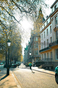 伦敦秋日街道阳光洒满古典建筑