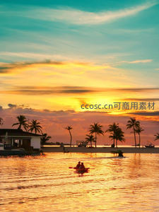 金色夕阳下的海上剪影