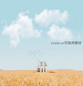 金色麦田中的童话小屋与飞鸟