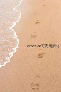 沙滩脚印延伸向海，浪花轻抚留下宁静