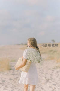 沙滩上的少女，怀抱满天星与编织包