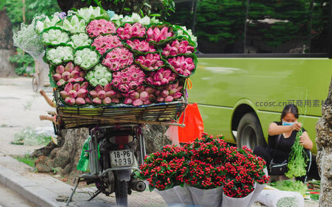 摩托载满鲜花穿梭于街边花市