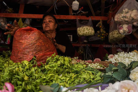 花市老妇怀抱大袋鲜花叫卖