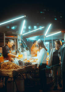 夜市小吃摊前顾客排队，蒸汽腾腾灯光柔和