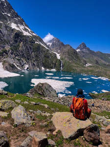 背包客静坐高山湖泊前欣赏雪峰