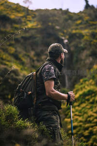 持杖行者穿行于绿意盎然的山林间