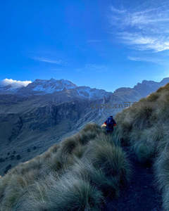 孤身行走在高山草甸，远眺雪峰与蓝天