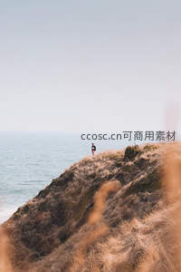 孤独身影伫立海岸悬崖，俯瞰无垠大海与枯草坡
