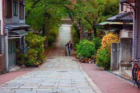 石阶小巷绿意盎然，行人推车缓行其间