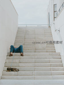 台阶上休憩的人与他的宠物狗