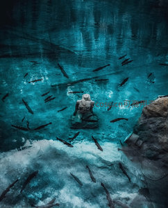 水下佛像静谧守护游鱼世界