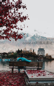 秋日湖畔红叶纷飞，男子独坐长椅远眺雪山古堡小镇