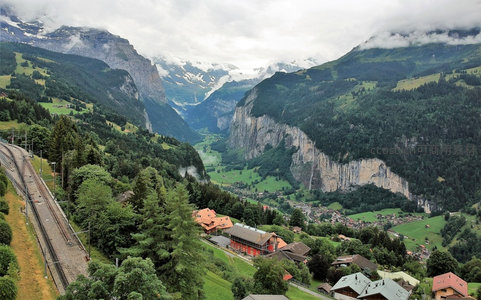 少女峰区域全景：铁路穿行绿谷，悬崖村落依山而建