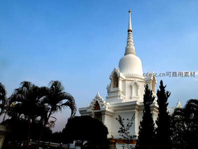 洁白佛塔耸立蓝天：泰式尖顶舍利塔与棕榈树剪影构成神圣静谧画面