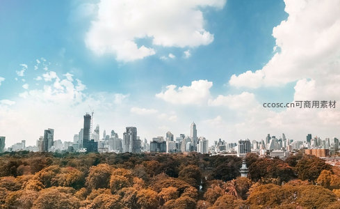 曼谷城市天际线与公园林冠层交融的现代都市风光