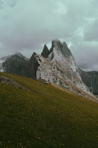 云雾缭绕的尖峭山峰耸立草甸之上，野花点缀绿坡，壮丽阿尔卑斯风光