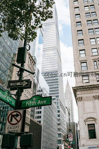 第五大道街角仰视视角，现代摩天楼与克莱斯勒大厦经典尖顶同框