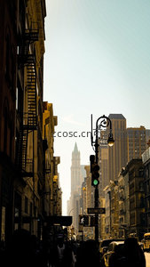 纽约窄巷仰拍街景，绿灯亮起人影穿梭，帝国大厦隐现天际线尽头