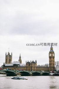 阴天下的伦敦议会大厦与大本钟泰晤士河景