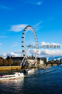 伦敦眼摩天轮与泰晤士河游船航拍美景