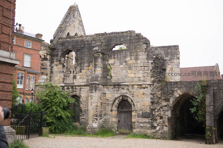 约克圣玛丽修道院遗址石墙残垣与绿植共生的中世纪遗迹