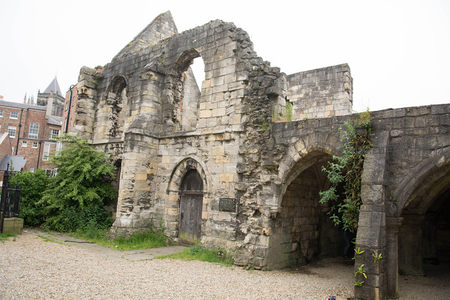 约克圣玛丽修道院遗址石拱门与藤蔓交织的中世纪废墟