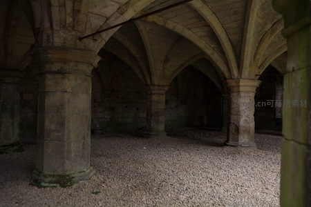 昏暗石构地下室拱顶群，柱基覆苔，碎石满地，时光凝固之境